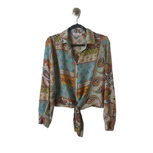 Rose & Olive Paisley Top Women Blouse Size Small Tie Front Long Sleeve Patterned